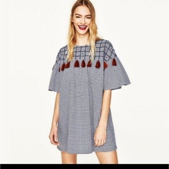 ZARA Gingham  Short Bell Sleeve Embroidered Tassel Mini Dress - Picture 1 of 7